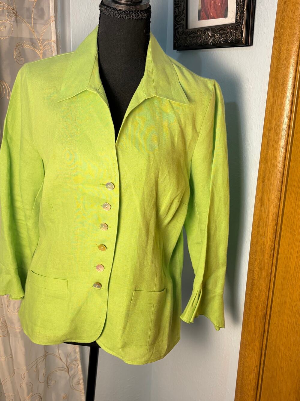 Talbots Petites Irish Linen Blazer Jacket Lime Green Size 14p Button Front